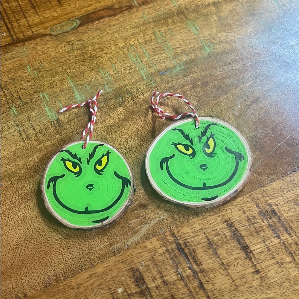 2 Green Grinch Wooden Ornaments